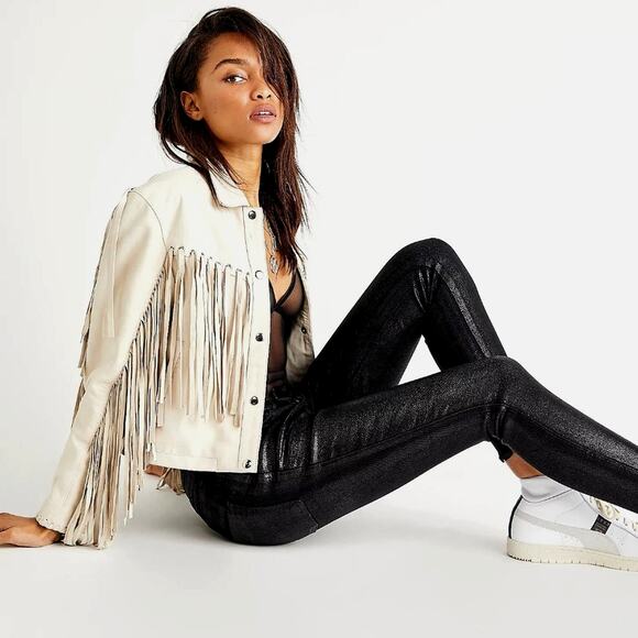 Free People Flattering Sleek Raw High-Rise Coated Jeans - Black - size 32 - Picture 3 of 8